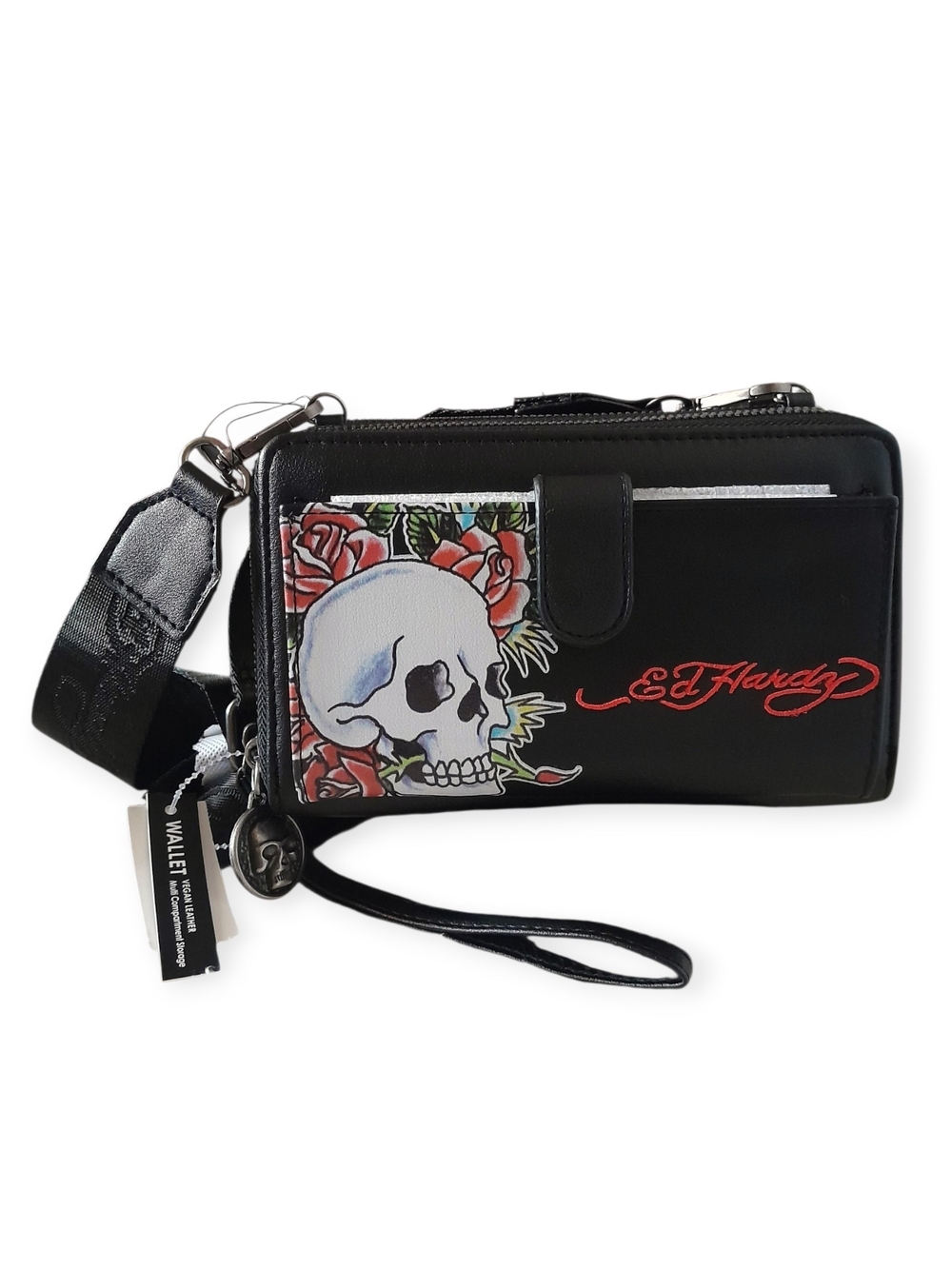 Ed Hardy Black Skull & Rose Crossbody Wallet Bag Phone Holder Clutch NWT - Picture 12 of 12